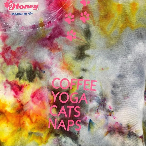 Cat Tee Womens Size Medium Tshirt Custom Tie Dyed Coffee Yoga Cats Naps Shirt - Picture 6 of 13